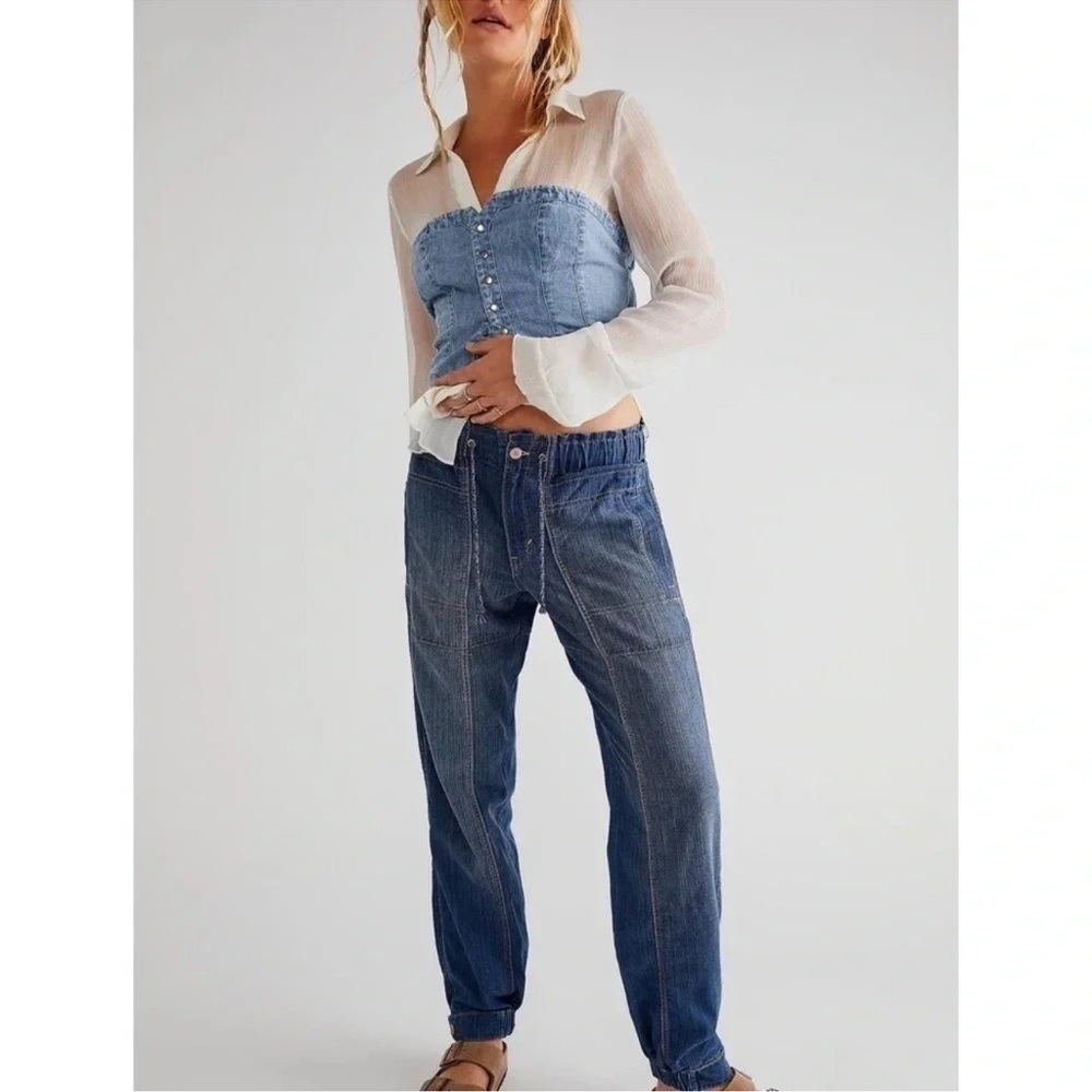 New Free People Angelo Denim Pull On Jeans Pants Drawstring Slouchy We The Free - Picture 12 of 14